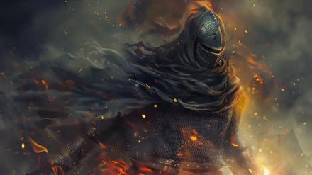 A striking HD desktop wallpaper from Dark Souls III features a mysterious armored figure surrounded by swirling flames and smoke, embodying the game's dark, atmospheric aesthetic.