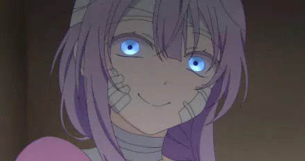 HD Wallpaper of Satō Matsuzaka from Happy Sugar Life Anime with a mysterious smile and bright blue eyes