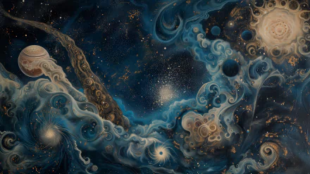Artistic HD desktop wallpaper featuring a wave-like, blue cosmic design with swirling galaxies and celestial bodies.