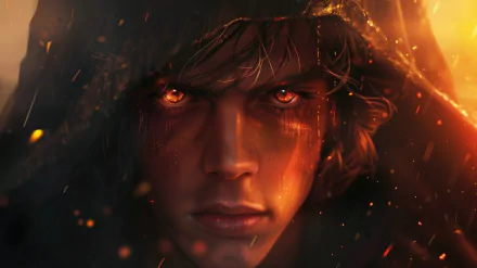 HD wallpaper featuring an artistic depiction of Anakin Skywalker from Star Wars, with intense eyes and a dramatic, ember-like glow surrounding him.