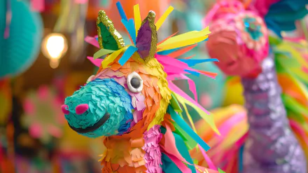 Colorful unicorn piñata HD desktop wallpaper background with vibrant streamers.