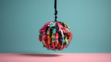 Colorful piñata hanging against a blue background with pink flooring, HD piñata desktop wallpaper and background.