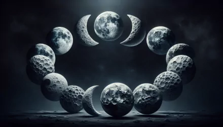 HD wallpaper of moon phases arranged in a circle against a dark sky background.