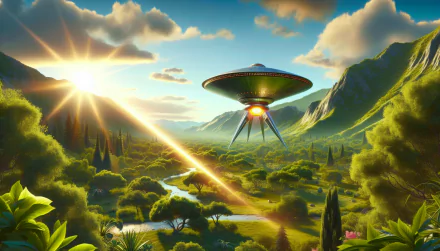HD desktop wallpaper of a UFO emitting a death ray in a vibrant, sunlit mountainous landscape.