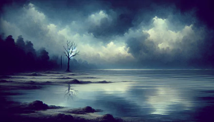 HD desktop wallpaper featuring a serene blue landscape with a reflective water surface and a solitary tree against a backdrop of moody clouds.