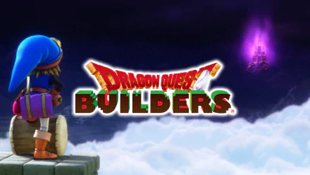HD desktop wallpaper featuring a character from Dragon Quest Builders overlooking a mystical landscape with the game's logo prominently displayed.