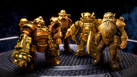HD wallpaper featuring characters from Deep Rock Galactic: Survivor video game, with armored dwarves standing on a spaceship deck against a backdrop of stars.