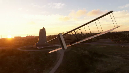 HD wallpaper of a vintage airplane from Microsoft Flight Simulator game, flying at sunset with a picturesque sky in the background.