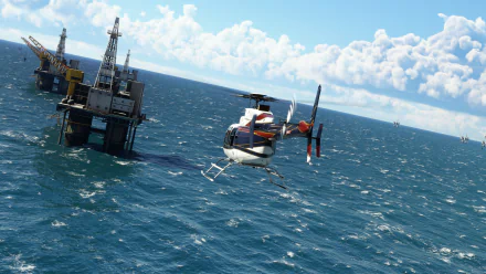 HD desktop wallpaper of a Microsoft Flight Simulator game depicting a helicopter flying near an offshore oil rig above a shimmering sea under a cloudy sky.