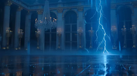 HD desktop wallpaper featuring a striking lightning bolt inside a grand, opulent room with chandeliers and large windows.