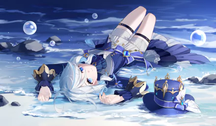 HD desktop wallpaper featuring Furina from Genshin Impact, lying on the ground in a blue-themed outfit with water effects and bubbles surrounding her.