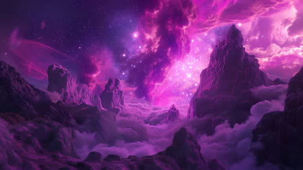 HD sci-fi wallpaper featuring a purple and pink planetscape with misty clouds and starry sky for desktop background.