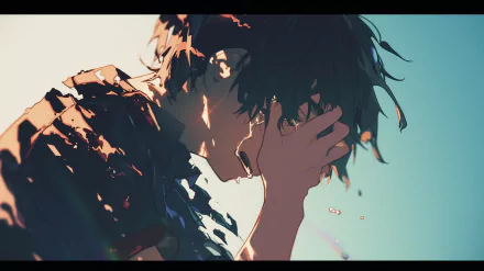 HD desktop wallpaper featuring a sad anime boy in a poignant pose with a dramatic sunset background.