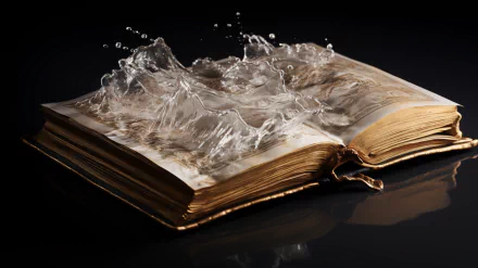 HD desktop wallpaper of an open Bible with water splashing on the pages against a dark background.