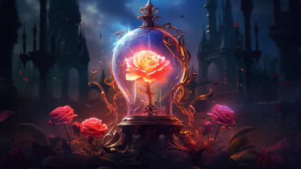 A mesmerizing enchanted rose inside a glass dome, surrounded by vibrant pink roses, set against a mystical backdrop of dark, towering ruins. A stunning HD fantasy wallpaper.