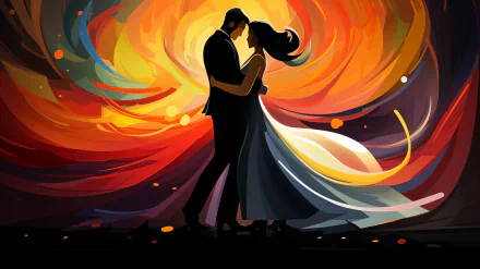 Romantic HD wallpaper featuring silhouette of couple embracing at wedding with vibrant abstract background.