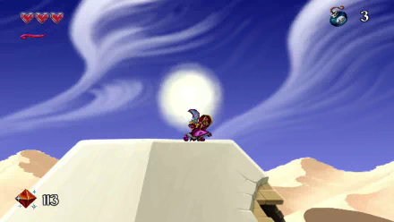 HD desktop wallpaper of Arzette: The Jewel of Faramore video game, featuring a character on a desert landscape with a dynamic blue sky and swirling clouds.