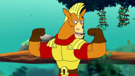 Alt Text: HD wallpaper featuring a strong animated horse character from the video game 'Arzette: The Jewel of Faramore,' set against a vibrant forest background.
