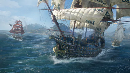 HD wallpaper featuring a dynamic naval battle from the video game Skull and Bones, showcasing intricately detailed pirate ships engaging on the high seas.