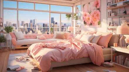 HD wallpaper of a cozy bedroom with a bed adorned in pink bedding, large windows overlooking a cityscape, and soft morning light.