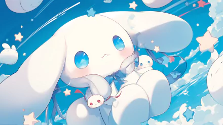 HD desktop wallpaper featuring the anime character Cinnamoroll from Sanrio, set against a whimsical blue sky with stars and clouds.