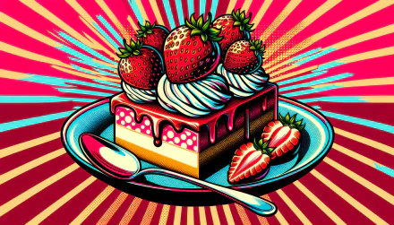 HD desktop wallpaper featuring a vibrant illustration of strawberry shortcake with fresh strawberries and whipped cream on a colorful radial background.