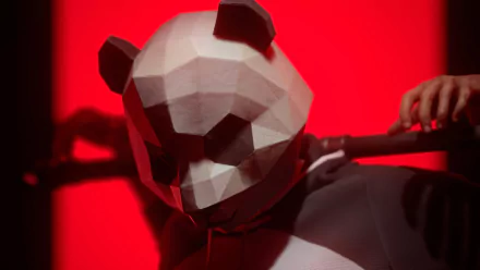 HD wallpaper featuring a stylized polygonal panda mask, inspired by the video game The Finals, set against a vivid red background.