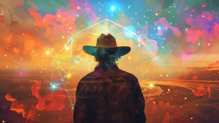 A silhouette of a cowboy wearing a hat stands against a vibrant, colorful backdrop filled with cosmic elements, creating a stunning HD desktop wallpaper.