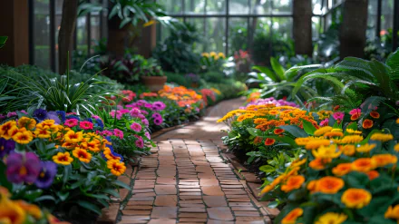 A vibrant botanical garden path lined with colorful flowers, showcasing a lush, serene environment, makes for an inviting and refreshing HD desktop wallpaper.