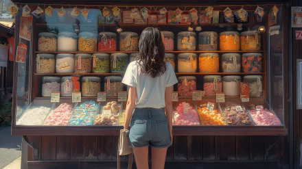 A person stands in front of a colorful candy store, gazing at jars filled with various sweets. This vibrant scene captures the joy of candy shopping, making a delightful HD desktop wallpaper.