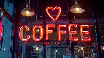 A vibrant neon sign reading COFFEE with a heart, hanging in a stylish café, creates an inviting atmosphere. This HD wallpaper adds a warm touch to any background.