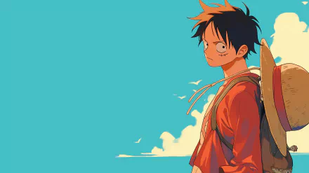 Anime-inspired HD wallpaper featuring Monkey D. Luffy from One Piece, standing against a bright blue sky with clouds, exuding a sense of adventure and determination.