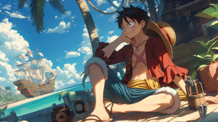 HD desktop wallpaper featuring Monkey D. Luffy from One Piece anime, lounging by the beach with a ship in the background.