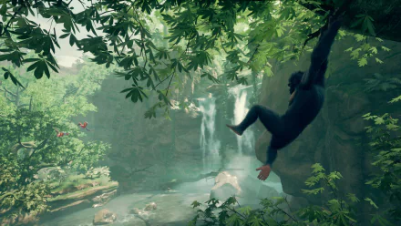 HD wallpaper featuring a scene from the video game Ancestors: The Humankind Odyssey with a primate swinging through a lush forest by a waterfall.