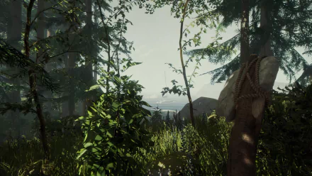 Sons of the Forest game scenery with first-person view of a hand holding an axe among lush trees - HD desktop wallpaper.