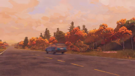 HD wallpaper of a scenic open road from the video game Open Roads, featuring a car driving through an autumn landscape.