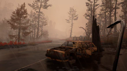 HD wallpaper of Pacific Drive video game showcasing an atmospheric scene with an abandoned car on a misty forest road.