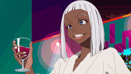 HD anime wallpaper featuring a character from GREAT PRETENDER with a mesmerizing smile, holding a wine glass, set against a vibrant, abstract background.