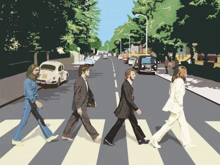 HD desktop wallpaper featuring a stylized illustration of The Beatles walking across Abbey Road. Lush green trees and parked cars line the street, capturing the iconic moment in music history.