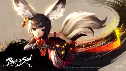 HD PC desktop wallpaper featuring a character with fox-like ears and tails from the video game Blade & Soul in dynamic action pose.