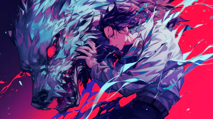 A vibrant HD wallpaper featuring Yuta Okkotsu from Jujutsu Kaisen, showcasing dynamic colors and an intense connection with a fierce wolf-like creature.
