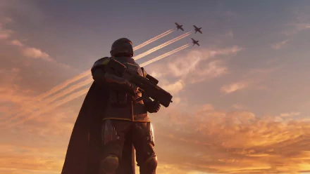 Helldivers 2 video game character in HD wallpaper with sunset sky and fighter jets flying in formation.
