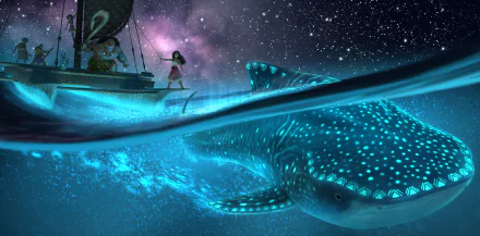 HD wallpaper featuring Moana 2 movie concept with character sailing under starry sky beside a glowing whale.