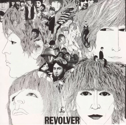 HD desktop wallpaper featuring the iconic album cover art of The Beatles, showcasing detailed black-and-white illustrations of the band members.