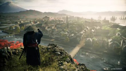 HD wallpaper of Rise of the Rōnin video game, featuring a samurai overlooking a historical Japanese village.