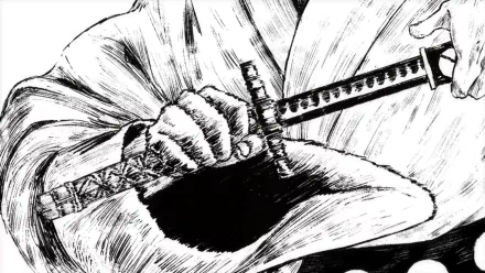 Anime-inspired HD desktop wallpaper featuring a close-up illustration of a character's hands gripping a samurai sword, relating to Monsters: 103 Mercies Dragon Damnation theme.