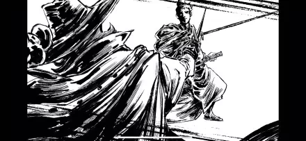 HD wallpaper from the anime movie Monsters: 103 Mercies Dragon Damnation, featuring a dynamic scene with a warrior poised for battle amidst flowing fabrics.