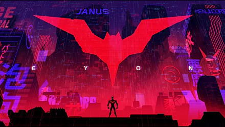 HD desktop wallpaper featuring a red Bat symbol looming over Terry McGinnis in the Batman Beyond universe, with a futuristic cityscape inspired by Batman and Bruce Wayne.