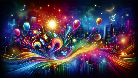 Vibrant abstract HD wallpaper exuding happiness with colorful swirls, balloons, and sparkling cityscape background.