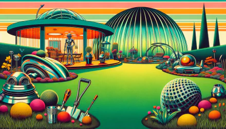 HD desktop wallpaper featuring a stylized lawn with futuristic elements and colorful design.